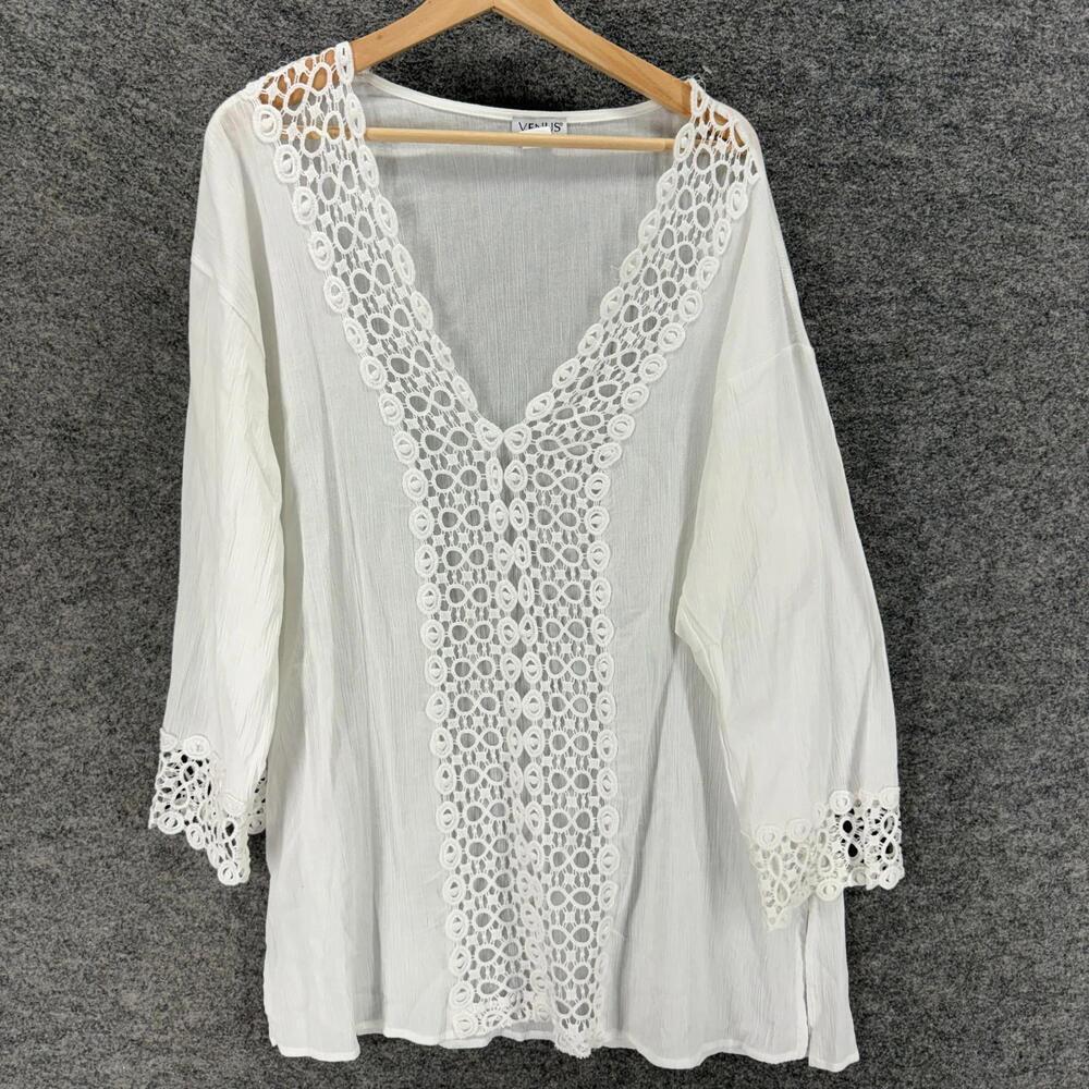 Venus Tunic Top Women L Large White Crochet V-Neck 3/4 Sleeve Cotton Pullover